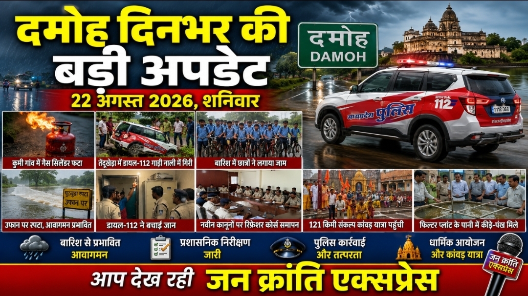 दमोह दिनभर की बड़ी अपडेट | 22 अगस्त 2026, शनिवार  दमोह। जिले में शनिवार, 22 अगस्त को हादसों, बारिश से प्रभावित आवागमन, प्रशासनिक निरीक्षण, पुलिस कार्रवाई, धार्मिक आयोजनों और विकास कार्यों से जुड़ी कई महत्वपूर्ण खबरें सामने आईं। दिनभर की प्रमुख खबरें इस प्रकार हैं&mdash;  1. कुमी गांव में गैस सिलेंडर में आग, एक ही परिवार के तीन लोग झुलसे  हटा थाना क्षेत्र के कुमी गांव में शनिवार सुबह गैस लीकेज के चलते सिलेंडर में आग लगने की घटना सामने आई। हादसे में रामलाल अठया, उनकी पत्नी तुलसा और बहू रोशनी झुलस गईं। तीनों को उपचार के लिए दमोह जिला अस्पताल में भर्ती कराया गया, जहां उनका उपचार जारी बताया गया है।  2. तेंदूखेड़ा में नाली में घुसा डायल-112 वाहन, ड्यूटी के दौरान नशे के आरोपों की जांच  तेंदूखेड़ा के गौशाला मार्ग पर शनिवार सुबह डायल-112 वाहन सड़क से उतरकर नाली में जा घुसा। वाहन में सवार कर्मचारियों को चोट नहीं आई। स्थानीय लोगों ने पायलट और नगर सैनिक के शराब के नशे में होने के आरोप लगाए हैं। एसडीओपी अर्चना अहीर के अनुसार आरोपों की जांच कराई जाएगी और ड्यूटी के दौरान कर्मचारियों की चेकिंग भी की जाएगी।  3. सड़क की मांग को लेकर छात्रों ने लगाया चक्काजाम  पटेरा तहसील के मझगवां पतोल गांव में स्कूल तक सड़क की मांग को लेकर विद्यार्थियों ने शनिवार को सड़क पर साइकिल रखकर प्रदर्शन किया। करीब एक घंटे तक चले चक्काजाम के बाद तहसीलदार उमेश तिवारी मौके पर पहुंचे और विद्यार्थियों के साथ सड़क का निरीक्षण किया। अधिकारियों की ओर से वैकल्पिक मार्ग बनाने का आश्वासन दिए जाने के बाद प्रदर्शन समाप्त हुआ।  4. हटा में दो पक्षों में विवाद और मारपीट, चार घायल  हटा थाना क्षेत्र के चंडीजी वार्ड में पुरानी रंजिश को लेकर दो पक्षों में विवाद हो गया। मारपीट की घटना में दोनों पक्षों से चार लोगों के घायल होने की जानकारी सामने आई है। घायलों को उपचार के लिए सिविल अस्पताल हटा पहुंचाया गया। पुलिस ने अस्पताल पहुंचकर घायलों से जानकारी ली और मामले की जांच शुरू की।  5. समोसे के पैसे मांगने पर होटल संचालक से मारपीट का आरोप  पटेरा थाना क्षेत्र में समोसे के पैसे मांगने को लेकर दो युवकों द्वारा होटल संचालक से मारपीट किए जाने का मामला सामने आया है। शिकायत के अनुसार दुकान में रखे करीब 50-60 समोसे सड़क पर फेंक दिए गए और काउंटर में भी तोड़फोड़ की गई। घटना का वीडियो बनाने पर दुकानदार को धमकी देने का भी आरोप है। पीड़ित ने पुलिस थाने में आवेदन दिया है।  6. 121 किलोमीटर की संकल्प कांवड़ यात्रा दमोह जिले की सीमा में पहुंची  जबलपुर के नर्मदा तट से शुरू हुई 121 किलोमीटर की संकल्प कांवड़ यात्रा शनिवार को दमोह जिले की सीमा में पहुंची। यात्रा संस्कृति राज्यमंत्री धर्मेंद्र सिंह लोधी और समाजसेवी सत्येंद्र सिंह लोधी के नेतृत्व में निकाली जा रही है। यात्रा में करीब 750 कांवड़ियों के शामिल होने की जानकारी दी गई है। शिक्षा, स्वच्छता, नशामुक्ति, पर्यावरण और गौ रक्षा के संकल्पों के साथ निकली यात्रा का विभिन्न स्थानों पर स्वागत किया गया।  7. वन भूमि से कथित अतिक्रमण हटाने की मांग  एकता परिषद ने बटियागढ़ ब्लॉक की बरी-कनौरा बीट में हजारों एकड़ वन भूमि पर कथित अतिक्रमण को लेकर कलेक्टर और डीएफओ से शिकायत की है। संगठन ने वन विभाग की कथित मिलीभगत और संरक्षण के आरोप लगाते हुए जांच कराने, वन भूमि को अतिक्रमण मुक्त कराने और जिम्मेदारों पर कार्रवाई की मांग की है। इन आरोपों की पुष्टि संबंधित जांच के बाद ही स्पष्ट होगी।  8. शव वाहन नहीं पहुंचने का आरोप, परिजनों ने निजी वाहन से पहुंचाया शव  दमोह जिला अस्पताल में शव वाहन की व्यवस्था को लेकर एक मामला सामने आया है। प्रिंस राय की मौत के बाद परिजनों का आरोप है कि पोस्टमार्टम के लिए शव ले जाने के लिए करीब दो घंटे तक बारिश में शव वाहन का इंतजार किया गया, लेकिन वाहन नहीं पहुंचा। इसके बाद परिजनों ने निजी वाहन की व्यवस्था कर शव को पोस्टमार्टम हाउस पहुंचाया। मामले ने शव वाहन संचालन व्यवस्था को लेकर सवाल खड़े किए हैं।  9. डायल-112 की तत्परता से फांसी लगाने का प्रयास कर रहे व्यक्ति की बची जान  कोतवाली थाना क्षेत्र में पुराना थाना के पास एक व्यक्ति द्वारा कमरे में फांसी लगाने का प्रयास किए जाने की सूचना पर डायल-112 की FRV-04 टीम तत्काल मौके पर पहुंची। पुलिस के अनुसार स्थानीय लोगों की मदद से दरवाजा खोलकर व्यक्ति को सुरक्षित बाहर निकाला गया। त्वरित कार्रवाई के चलते उसकी जान बचाई जा सकी।  10. नवीन आपराधिक कानूनों पर दो दिवसीय रिफ्रेशर कोर्स का समापन  पुलिस कंट्रोल रूम दमोह में नवीन आपराधिक कानूनों को लेकर आयोजित दो दिवसीय रिफ्रेशर कोर्स का समापन हुआ। प्रशिक्षण में जिले के विभिन्न थानों और चौकियों से करीब 40 पुलिस अधिकारी-कर्मचारियों ने हिस्सा लिया। विवेचना, डिजिटल साक्ष्य, ई-साक्ष्य, गिरफ्तारी और न्यायालयीन प्रक्रिया से संबंधित विषयों पर प्रशिक्षण दिया गया। समापन अवसर पर पुलिस अधीक्षक ने प्रतिभागियों को प्रमाण पत्र वितरित किए।  11. उफान पर आया रपटा, घटेरा रेलवे स्टेशन से ग्रामीणों का संपर्क प्रभावित  बनवार क्षेत्र में बारिश के बाद घटेरा-बनवार मार्ग पर घुटकुवा का डाउन लेवल रपटा उफान पर आ गया। शनिवार सुबह करीब 10 बजे से आवागमन प्रभावित रहा। रपटा डूबने के कारण आसपास के ग्रामीणों का घटेरा रेलवे स्टेशन से संपर्क बाधित हुआ। पुलिस ने मौके पर पहुंचकर लोगों को तेज बहाव के बीच रपटा पार नहीं करने की समझाइश दी। ग्रामीणों ने स्थायी समाधान के लिए पुल निर्माण की मांग की है।  12. सेप्टिक टैंक के पानी से भरे गड्ढे में गिरने से दो वर्षीय मासूम की मौत  तेंदूखेड़ा क्षेत्र के ग्राम डहरा में शनिवार दोपहर घर के पास खेल रहा दो वर्षीय महेंद्र पिता मोहन गौड़ सेप्टिक टैंक के पानी से भरे गड्ढे में गिर गया। परिजनों के अनुसार तेज बारिश के कारण गड्ढा पानी से भर गया था। बालक को बाहर निकाला गया, लेकिन तब तक उसकी मौत हो चुकी थी। घटना के बाद गांव में शोक का माहौल है।  13. गजानन टेकरी में पार्थिव शिवलिंग निर्माण आयोजन का ध्वजारोहण  दमोह के गजानन टेकरी में श्रावण मास के अवसर पर त्रिदिवसीय पार्थिव शिवलिंग निर्माण एवं पूजन आयोजन का ध्वजारोहण सिद्धार्थ मलैया ने किया। गणेश एवं संतोषी माता पूजन के बाद वृक्षारोपण भी किया गया। आयोजन के दौरान सुबह 8 से 11 बजे तक पार्थिव शिवलिंग निर्माण तथा दोपहर 12 से 1 बजे तक रुद्राभिषेक किया जाएगा। कार्यक्रम श्री गजानन टेकरी मंदिर समिति द्वारा आयोजित किया जा रहा है।  14. बोतराई स्कूल में हायर सेकेंडरी कक्षाएं शुरू होने की उम्मीद  पथरिया के बोतराई स्कूल में माइसेम सीमेंट के सहयोग से बनाए गए तीन कक्षों का राज्यमंत्री लखन पटेल ने लोकार्पण किया। कंपनी की ओर से तीन अतिरिक्त कमरे बनाने पर भी सहमति दी गई है। पर्याप्त कक्ष उपलब्ध होने के बाद स्कूल को हायर सेकेंडरी का दर्जा मिलने की उम्मीद जताई गई है। राज्यमंत्री ने क्षेत्र के विकास की योजनाएं आगामी 30 वर्षों को ध्यान में रखकर तैयार करने की बात कही।  15. संकल्प कांवड़ यात्रा में श्रद्धालुओं की भागीदारी  संस्कृति राज्यमंत्री धर्मेंद्र सिंह लोधी के नेतृत्व में पंचवटी, भेड़ाघाट से शुरू हुई 121 किलोमीटर की संकल्प कांवड़ यात्रा दमोह पहुंची। यात्रा में सांसद राहुल सिंह लोधी सहित बड़ी संख्या में श्रद्धालुओं के शामिल होने की जानकारी है। मार्ग में भंडारे, पौधरोपण और स्कूली बच्चों को सामग्री वितरण जैसे कार्यक्रम भी आयोजित किए गए। यात्रा का समापन बांदकपुर स्थित श्री जागेश्वरनाथ धाम में होना है।  16. दमोह जिले में अब तक 707.2 मिमी औसत बारिश  जिले में 1 जून से 22 अगस्त तक 707.2 मिमी औसत वर्षा दर्ज की गई है। उपलब्ध आंकड़ों के अनुसार पटेरा में सबसे अधिक 1026.4 मिमी बारिश हुई। इसके अलावा तेंदूखेड़ा में 728.2 मिमी, पथरिया में 758 मिमी और हटा में 767.4 मिमी वर्षा दर्ज की गई है।  17. मिलाद-उन-नबी, गणेश उत्सव और पर्युषण को लेकर 24 अगस्त को शांति समिति की बैठक  आगामी पर्वों के दौरान कानून-व्यवस्था और शांतिपूर्ण आयोजन को लेकर 24 अगस्त को जिला स्तरीय शांति समिति की बैठक आयोजित की जाएगी। बैठक कलेक्ट्रेट सभाकक्ष में होगी। इसमें मिलाद-उन-नबी, गणेश उत्सव और पर्युषण पर्व को लेकर आवश्यक व्यवस्थाओं और आपसी समन्वय पर चर्चा की जाएगी।  18. शासकीय सेवकों का भोपाल में तीन दिवसीय प्रशिक्षण  राज्य आनंद संस्थान द्वारा &lsquo;Ethics & Values in Public Services&rsquo; विषय पर तीन दिवसीय आवासीय प्रशिक्षण कार्यशाला 1 से 3 सितंबर तक भोपाल में आयोजित की जाएगी। दमोह जिले से प्रथम या द्वितीय श्रेणी के दो अधिकारियों का नामांकन किया जाएगा। प्रशिक्षण में सकारात्मक कार्य संस्कृति और जनसेवा से जुड़े विषयों पर जोर रहेगा।  19. स्कूल और आंगनवाड़ी निरीक्षण में लापरवाही, नोटिस के निर्देश  पटेरा ब्लॉक में हटा एसडीएम राकेश मरकाम ने स्कूल और आंगनवाड़ी केंद्रों का निरीक्षण किया। खेरी रामकिशुन आंगनवाड़ी केंद्र में कार्यकर्ता अनुपस्थित मिलीं, जबकि सहायिका रिकॉर्ड प्रस्तुत नहीं कर सकीं। मामले में दोनों को नोटिस जारी करने के निर्देश दिए गए। स्कूल के अधूरे मरम्मत कार्य को भी जल्द पूरा कराने के निर्देश दिए गए।  20. देवलाई स्कूल भवन की मरम्मत के लिए एस्टीमेट बनाने के निर्देश  हटा एसडीएम राकेश मरकाम ने ग्राम देवलाई के स्कूल भवन का निरीक्षण किया। भवन की स्थिति को देखते हुए जनपद पंचायत सीईओ और बीआरसी को आवश्यक मरम्मत कार्यों का एस्टीमेट तैयार करने के निर्देश दिए गए। मरम्मत कार्य के लिए डीएमएफ और स्कूल प्रबंधन समिति की राशि के उपयोग की बात कही गई।  21. सीएम हेल्पलाइन में दमोह को लगातार चौथी बार ए-ग्रेड  सीएम हेल्पलाइन की मासिक ग्रेडिंग में दमोह जिले ने लगातार चौथी बार ए-ग्रेड हासिल किया। कलेक्टर प्रताप नारायण यादव ने अधिकारियों और कर्मचारियों को बधाई देते हुए लंबित शिकायतों का तत्परता से निराकरण करने के निर्देश दिए। उन्होंने इसे टीम भावना और लगातार किए जा रहे प्रयासों का परिणाम बताया।  22. फिल्टर प्लांट के पानी में कीड़े और पंख मिलने पर कलेक्टर नाराज  पथरिया नगरपालिका के फिल्टर प्लांट के औचक निरीक्षण के दौरान फिल्टर किए गए पानी में कथित तौर पर कीड़े और कबूतर के पंख मिलने पर कलेक्टर प्रताप नारायण यादव ने नाराजगी जताई। जल परीक्षण व्यवस्था भी अपेक्षित स्तर की नहीं मिली। कलेक्टर ने नियमित लैब टेस्टिंग कराने, पानी को बाहरी अशुद्धियों से बचाने के लिए जाली लगाने तथा नगरपालिका सीएमओ को कारण बताओ नोटिस जारी करने के निर्देश दिए।  दमोह की दिनभर की प्रमुख तस्वीर  शनिवार को जिले में बारिश और उससे प्रभावित आवागमन, स्वास्थ्य एवं सुरक्षा से जुड़े मामले, पुलिस की त्वरित कार्रवाई, प्रशासनिक निरीक्षण, शिक्षा एवं विकास कार्य और धार्मिक आयोजनों की खबरें प्रमुख रहीं। वहीं, विभिन्न शिकायतों और आरोपों से जुड़े मामलों में संबंधित विभागों की जांच एवं कार्रवाई के बाद ही अंतिम स्थिति स्पष्ट होगी।